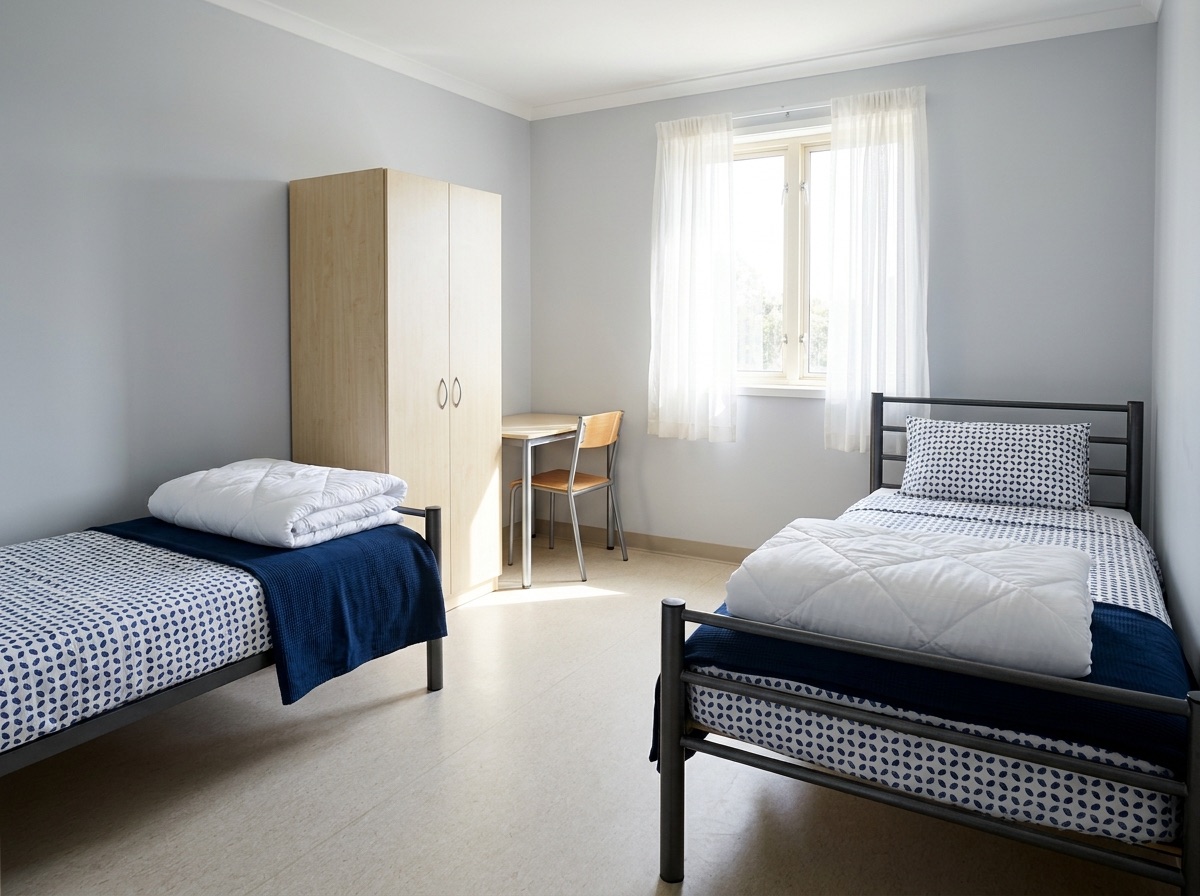 Pokój pracowniczy z łóżkami i nowymi materacami w Brick Hotel